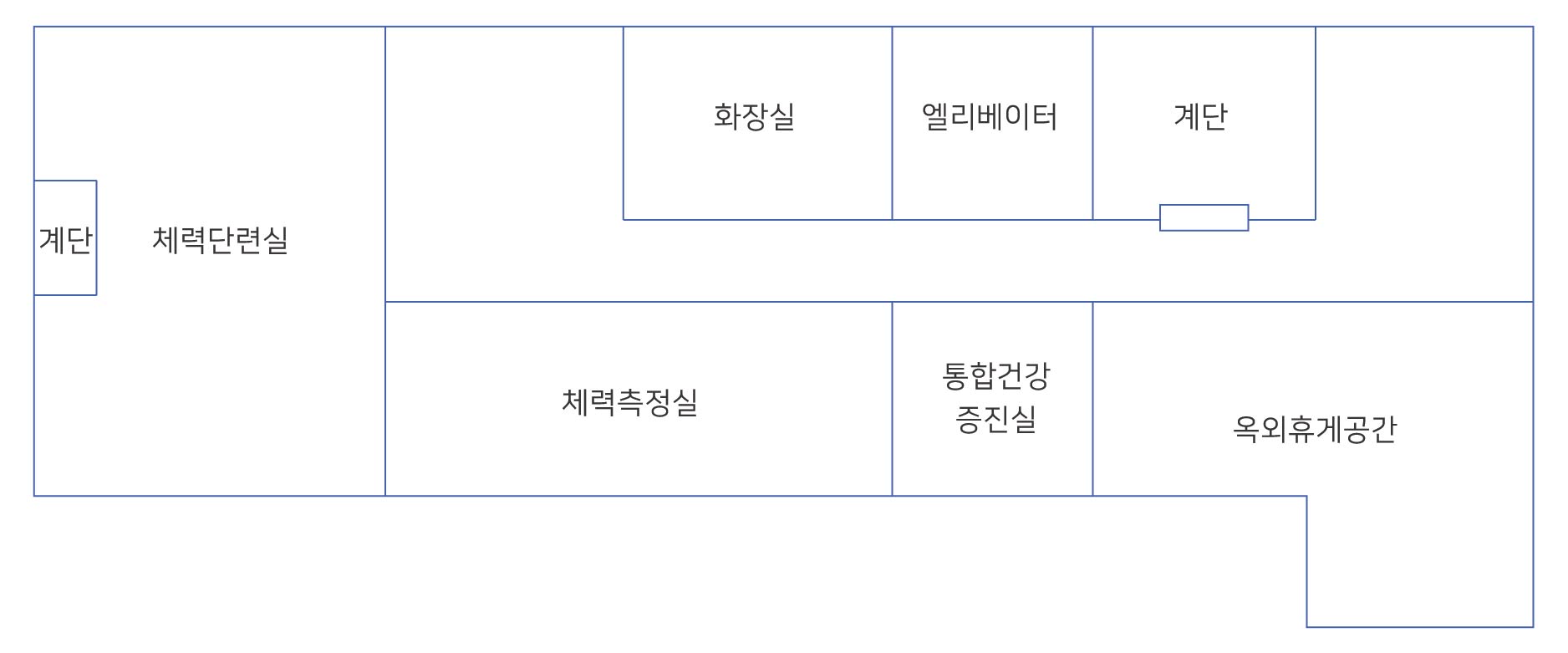 본관 4층: 옥외휴게공간, 통합건강증진실, 체력측정실, 체력단련실, 계단, 화장실, 엘리베이터, 계단이 있습니다