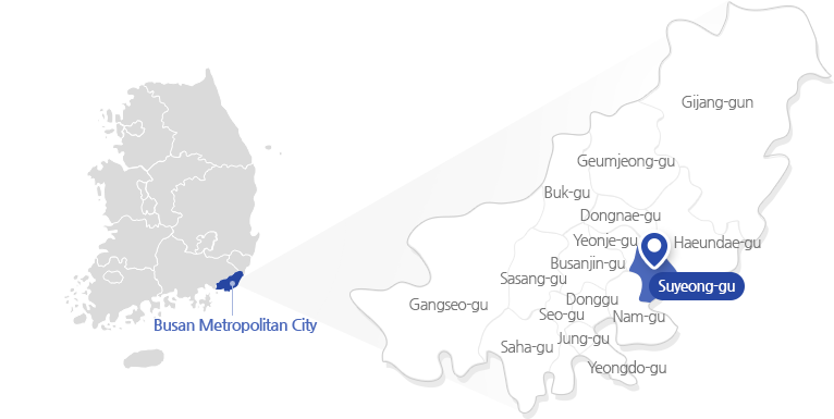 Map of Busan (left) and Suyeong-gu in Busan (right)