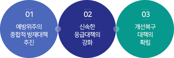 01. 예방위주의 종합적 방재대책 추진, 02. 신속한 응급대책의 강화, 03. 개선복구 대책의 확립