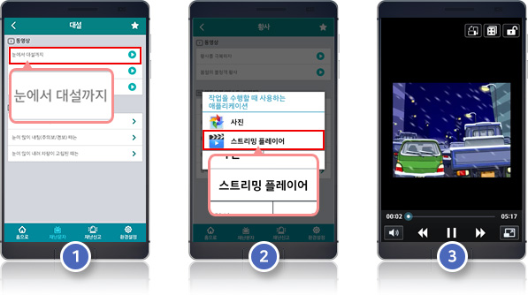 국민행동요령 동영상보기 어플 예시화면 1, 2, 3
