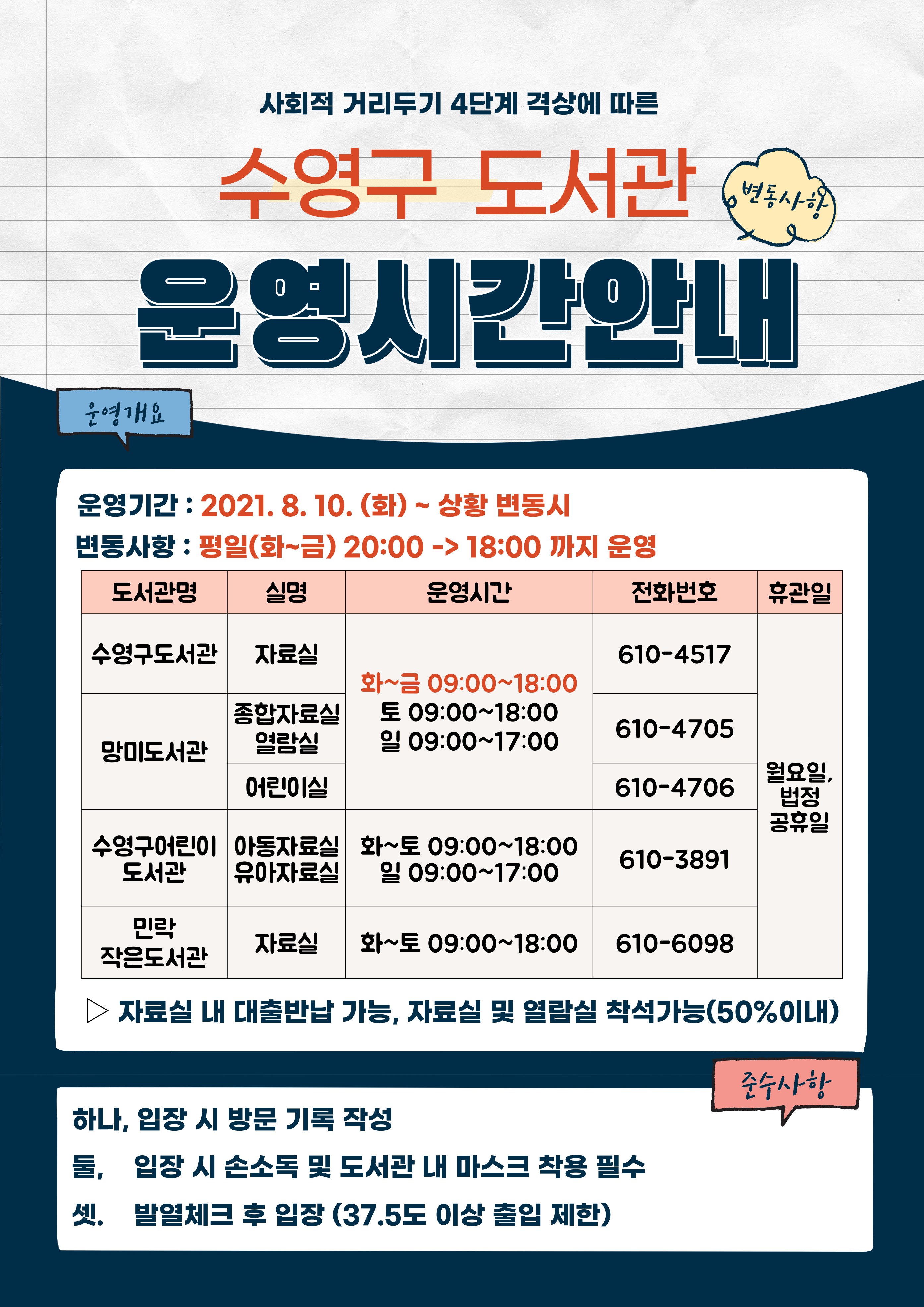 수영구 도서관 운영시간안내(2021.8.10.) 1