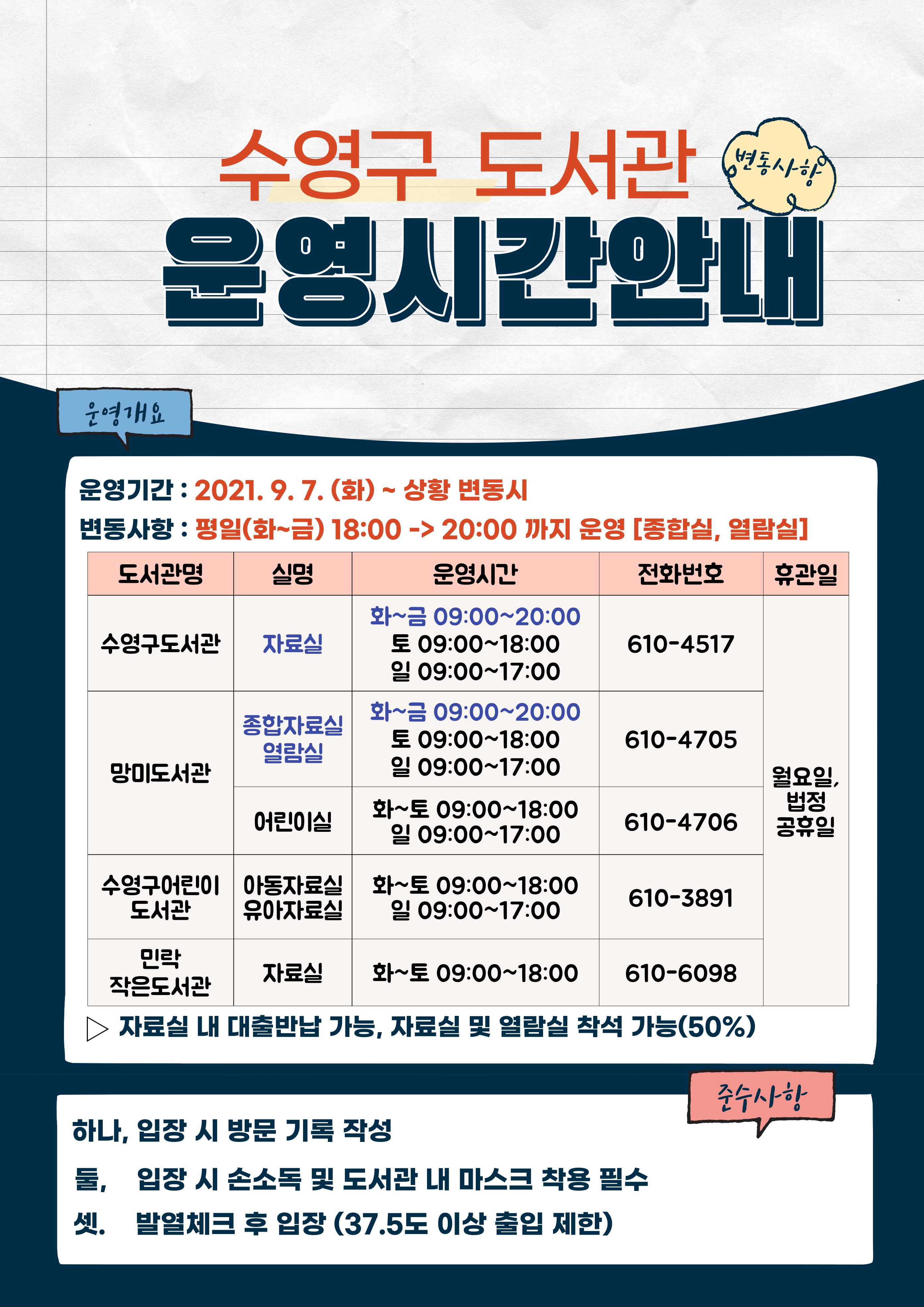수영구 도서관 운영시간안내(2021.9.7.) 1
