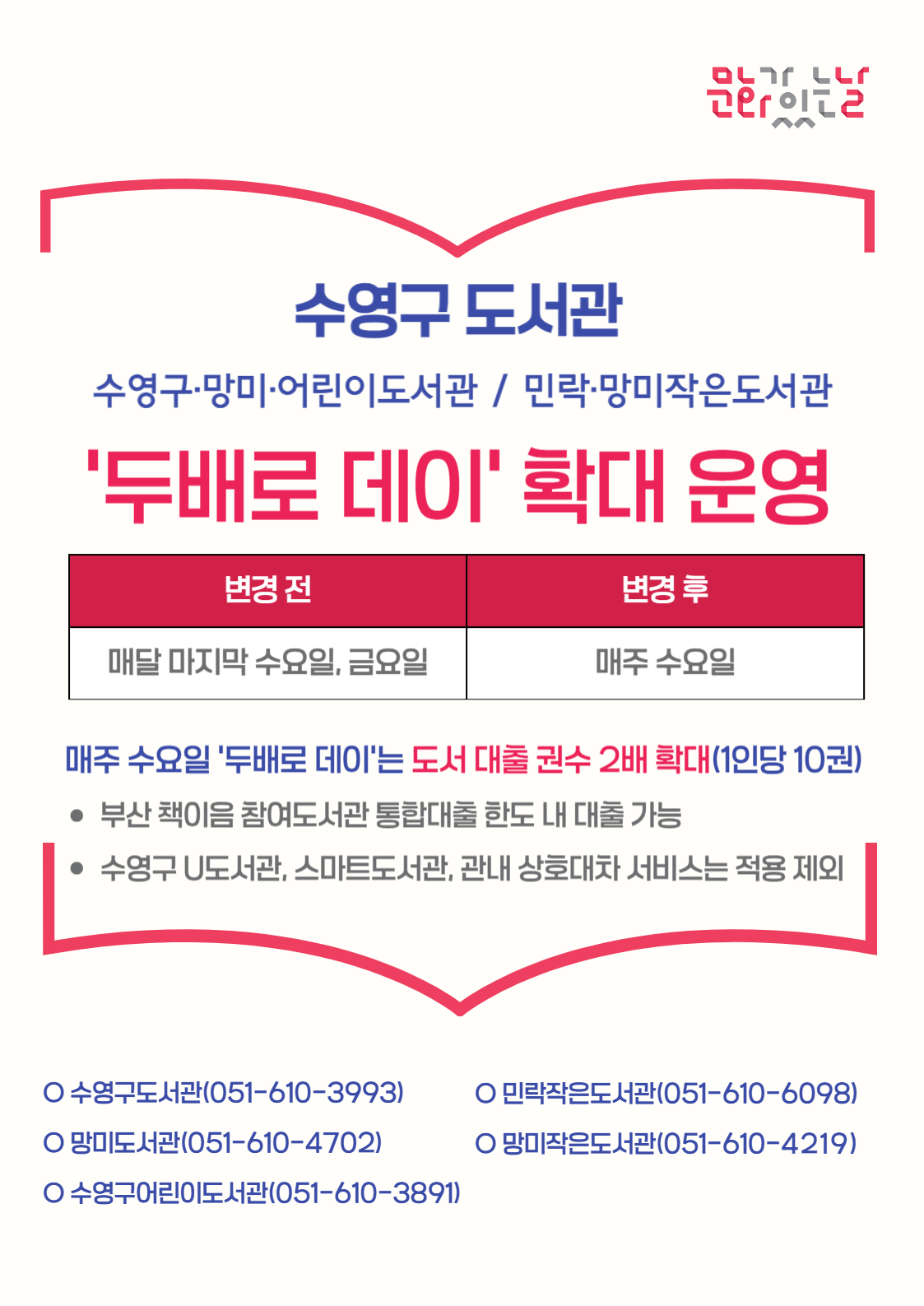 수영구 도서관 「문화가 있는 날」 두배로 데이 확대 운영 1
