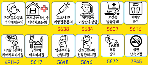 pcr결과문의 격리해제문의-코로나19확진자 재택치료문의- 코로나19 예방접종문의:5638- 예방접종 이상반응상담: 5684 - 임산부지원 난임지원: 5648 - 산모 영유아건강관리지원: 5646 -치매안심센터, 치매치료비지원: 4911~2, - 암환자 의료비지원: 5617, -보건증발급문의 5607, 체지방분석 5616, 해충방역 5672, 금연 단속요청 3845