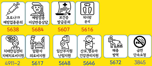 코로나19 예방접종문의:5638- 예방접종 이상반응상담: 5684 - 임산부지원 난임지원: 5648 - 산모 영유아건강관리지원: 5646 -치매안심센터, 치매치료비지원: 4911~2, - 암환자 의료비지원: 5617, -보건증발급문의 5607, 체지방분석 5616, 해충방역 5672, 금연 단속요청 3845