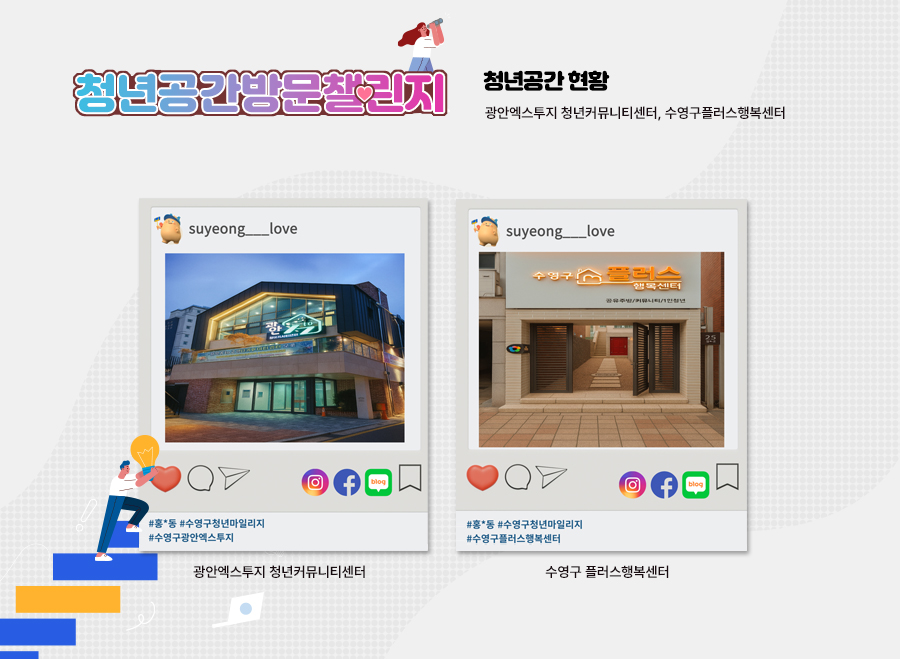 게시 예시 및 청년공간현황
청년공간 현황
광안엑스투지 청년커뮤니티센터, 수영구플러스행복센터