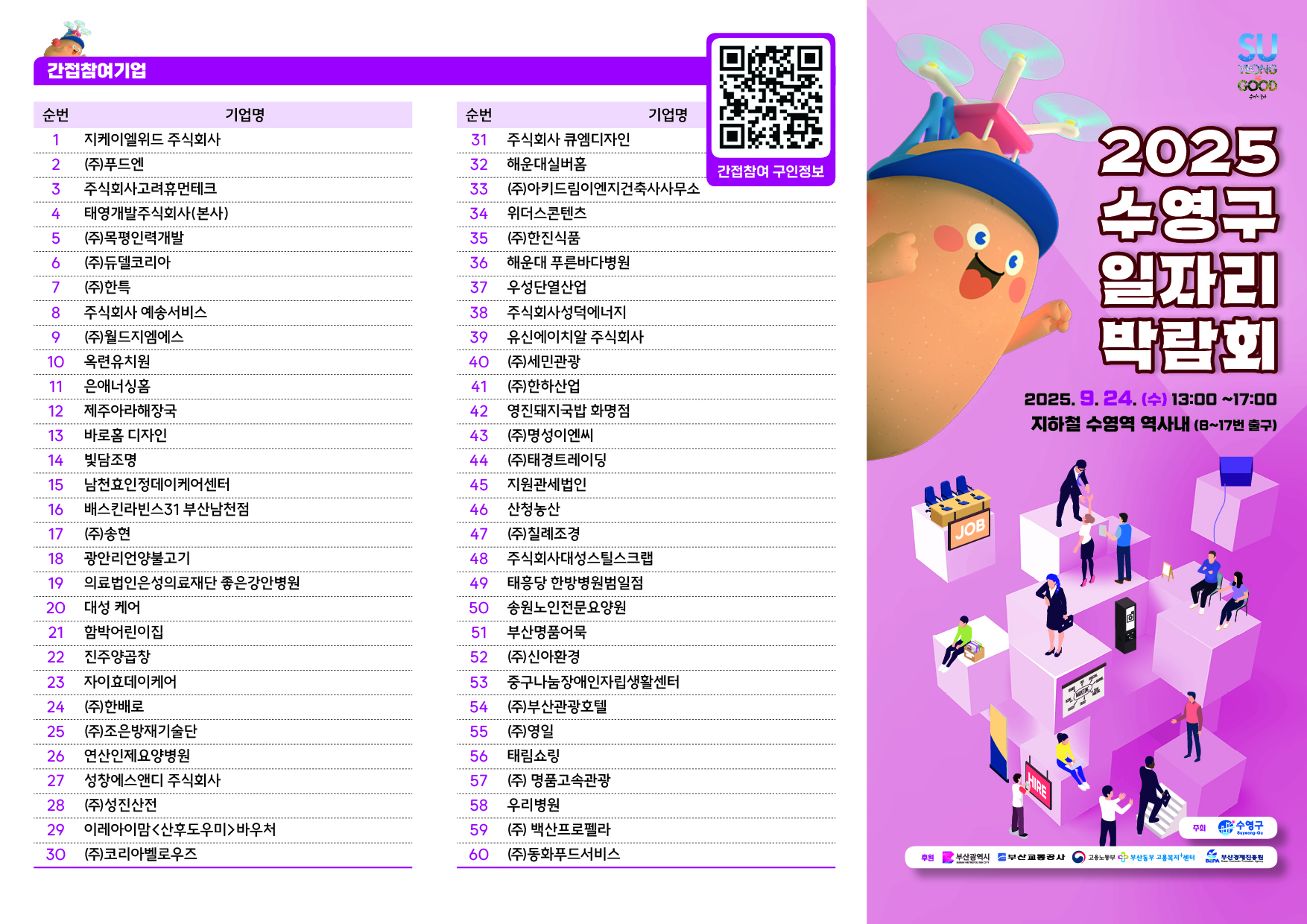 2025 수영구 일자리 박람회 직/간첩 참여업체 상세 구인정보 QR로확인 가능 2