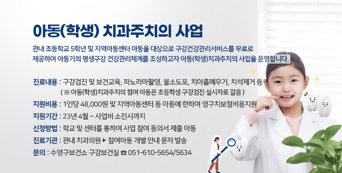 아동(학생)치과주치의사업

관내 초등학교 5학년 및 지역아동센터 아동을 대상으로 구강건강관리서비스를 무료로 제공하여 아동기의 평생구강건강관리체계를 조성하고자 아동(학생)치과주치의 사업을 운영합니다.

진료내용 : 구강검진 및 보건교육, 파노라마촬영, 불소도포, 치아홈메우기, 치석제거 등
     ※ 아동(학생)치과주치의 참여 아동은 초등학생 구강검진 실시자로 갈음
지원비용 : 1인당 48,000원 및 지역아동센터 등 아동에 한하여 영구치보철비용지원
지원기간 : 23년 4월 ~ 사업비 소진시까지
신청방법 : 학교 및 센터를 통하여 사업 참여 동의서 제출 아동
진료기관 : 관내 치과의원 ⇒ 참여아동 개별 안내 문자 발송 
문의 : 수영구보건소 구강보건실 ☎ 051-610-5654/5634
