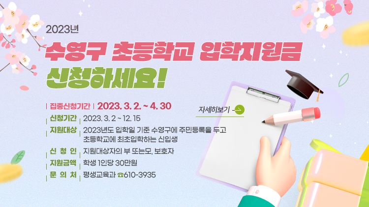 2023년 수영구 초등학교 입학지원금 신청하세요!
집중신청기간:2023. 3. 2. ~ 4. 30
신청기간:2023. 3. 2 ~ 12. 15
지원대상:2023년도 입학일 기준 수영구에 주민등록을 두고 초등학교에 최초입학하는 신입생
신청인:지원대상자의 부 또는모, 보호자
지원금액:학생 1인당 30만원
문의처:평생교육과 ☎610-3935
자세히보기>