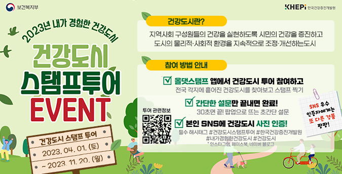 보건복지부 KHEPi한국건강증진개발원
2023년 내가 경험한 건강도시 건강도시 스탬프투어 event
건강도시 스탬프투어
202.04.01.(토)~2023.11.20.(월)
건강도시란?지역사회 구성원들의 건강을 실현하도록 시민의 건강을 증진하고 
도시의 물리적·사회적 환경을 지속적으로 조정·개선하는도시  
참여방법안내
올댓스탬프 앱에서 건강도시 투어 참여하고
전국 각지에 흩어진 건강도시를 찾아보고 스탬프 찍기
간단한 설문만 끝내면 완료!
30초면 끝! 팝업 또는 초간단 설문
본인 sns에 건강도시 사진 인증!
필수 해시태그 #건강도시스탬프투어 #한국건강증진개발원 #내가경험한건강도시#건강도시
*인스타그램,페이스북,네이버블로그
sns우수 인증자에게는 또 다른 경품 팡팡!