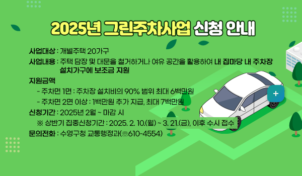 2025년 그린주차사업 신청 안내
*사업대상 : 개별주택 20가구
*사업내용 : 주택 담장 및 대문을 철거하거나 여유 공간을 활용하여   내 집마당 내 주차장 설치가구에 보조금 지원
*지원금액
     - 주차면 1면 : 주차장 설치비의 90% 범위 최대 6백만원
     - 주차면 2면 이상 : 1백만원 추가 지급, 최대 7백만원
*신청기간 : 2025년 2월 ~ 마감 시
     ※ 상반기 집중신청기간 : 2025. 2. 10.(월) ~ 3. 21.(금), 이후 수시 접수
*문의전화: 수영구청 교통행정과(☏610-4554)
자세히보기