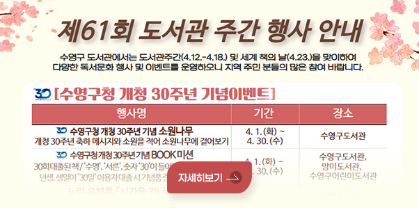재61회 도서관 주간 행사 안내
수영구 도서관에서는 도서관주간(4.12.~4.18.)및 세계 책의 날(4.23.)을 맞이하여 다양한 독서문화 행사 및 이벤트를 운영하오니 지역 주민 분들의 많은 참여 바랍니다.
수영구청 개청 30주년 기념이벤트
행사명 / 기간 / 장소
수영구청 개청 30주년 기념 소원나무 - 개청 30주년 축하 메시지와 소원을 적어 소원나무에 걸어보기 / 4.1.(화) ~ 4.30.(수) / 수영구도서관
수영구청 개청 30주년 기념 BOOK 미션 - 30회 대출된 책, 수영, 서른, 숫자 30이 들어가는 책제목, 1995년생, 생일이 30일 이용자 대출 시 기념품 증정(조기소진 가능) / 4.1.(화) ~ 4.30.(수) / 수영구도서관, 망미도서관, 수영구어린이도서관
자세히보기