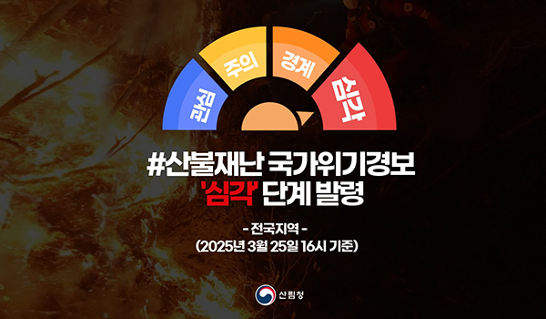 관심 주의 경계 심각
산불재난 국가위기경보 '심각' 단계 발령
-전국지역-
(2025년 3월 25일 16시 기준)
산림청