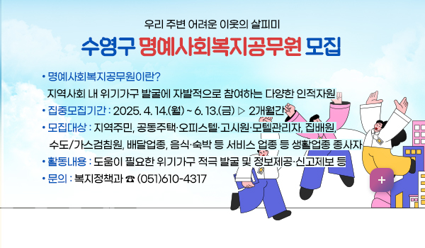 수영구 명예사회복지공무원 모집 우리 주변 어려운 이웃의 살피미
수영구 명예사회복지공무원 모집

*명예사회복지공무원이란?
지역사회 내 위기가구 발굴에 자발적으로 참여하는 다양한 인적자원
 네트워크의 무보수·명예직의 지역주민

*집중모집기간 : 2025. 4. 14.(월) ~ 6. 13.(금) ▷ 2개월간
*모집대상 : 지역주민, 공동주택·오피스텔·고시원·모텔관리자, 집배원,
   수도/가스검침원, 배달업종, 음식·숙박 등 서비스 업종 등 생활업종 종사자
*활동내용 : 도움이 필요한 위기가구 적극 발굴 및 정보제공·신고제보 등
*문    의 : 복지정책과 ☎ (051)610-4317
자세히보기