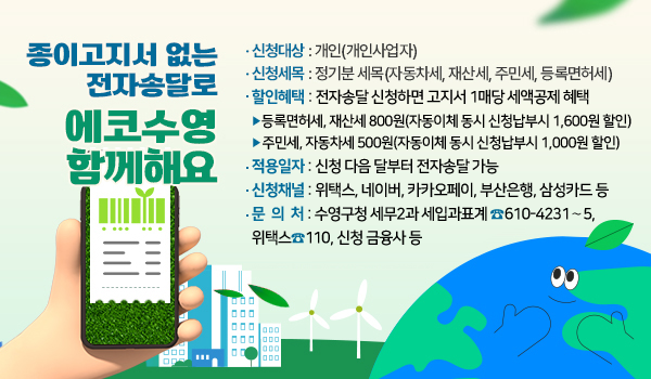 종이고지서 없는 전자송달로 에코수영 함께해요.
신청대상 : 개인(개인사업자)
신청세목 : 정기분 세목(자동차세, 재산세, 주민세, 등록면허세)
할인혜택 : 전자송달 신청하면 고지서 1매당 세액공제 혜택
▶등록면허세, 재산세 800원(자동이체 동시 신청납부시 1,600원 할인)
▶주민세, 자동차세 500원(자동이체 동시 신청납부시 1,000원 할인)
적용일자 : 신청 다음 달부터 전자송달 가능
신청채널 : 위택스, 네이버, 카카오페이, 부산은행, 삼성카드 등
문  의  처 : 수영구청 세무2과 세입과표계 ☎610-4231∼5, 
위택스☎110, 신청 금융사 등