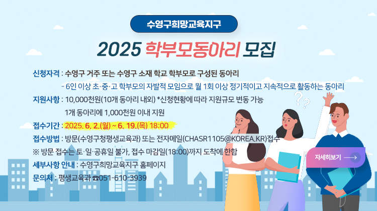 수영구 희망교육지구
2025 학부모동아리 모집
  신청자격 : 수영구 거주 또는 수영구 소재 학교 학부모로 구성된 동아리
     - 6인 이상 초·중·고 학부모의 자발적 모임으로 월 1회 이상 정기적이고 
       지속적으로 활동하는 동아리
  접수기간 : 2025. 6. 2.(월) ~ 6. 19.(목) 18:00
  접 수 처 : 수영구 평생교육과
  접수방법 : 방문(수영구청평생교육과) 또는 전자메일(chasr1105@korea.kr)접수
      ※ 방문 접수는 토‧일‧공휴일 불가, 접수 마감일(18:00)까지 도착에 한함
  세부사항 안내 : 수영구희망교육지구 홈페이지
  문 의 처 : 평생교육과 ☎051-610-3939

자세히보기