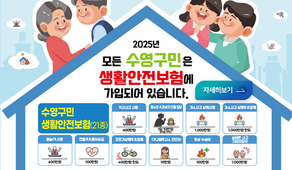 2025년 모든 수영구민은 생활안전보험에 가입되어 있습니다. 자세히보기 
수영구민 생활안전보험(21종)
-익사사고 사망: 400만원
-청소년 유괴, 납치, 인질 일당 :1일 10만원(90일 한도)
-가스사고 상해사망:1,000원
-가스사고 상해후유장해: 1,000원 한도
-물놀이사망: 400만원
-헌혈후유증보상금: 100만원
-자전거상해후유장해: 400만원 한도
-아나필락시스 진단비:10만원
-화상 수술비:100만원
-실버존 사고 치료비 담보: 1,000만원