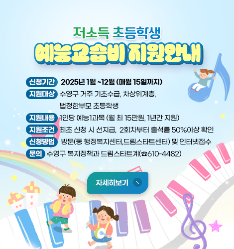 저소득 초등학생 예능교습비 지원 안내
신청기간 : 2025년 1월~12월 (매월 15일까지)
지원대상 : 수영구 거주 기초수급, 차상위계층, 법정한부모 초등학생 
지원내용 : 1인당 예능1과목 (월 최대 15만원, 1년간 지원)
지원조건 : 최초 신청 시 선지급, 
                   2회차부터 출석률 50%이상 확인
신청방법 : 방문(동 행정복지센터,드림스타트센터) 및 인터넷접수
문의 : 수영구 복지정책과 드림스타트계(☎610-4482)
자세히보기