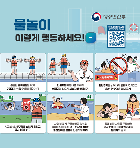 물놀이 이렇게 행동하세요!
국민재난안전포털 QR코드(https://m.site.naver.com/1hke5)
*충분한 준비운동을 하고 구명조끼 착용 후 물에 들어가기
*안전요원의 안내를 따르며 어린이는 반드시 보호자와 함께하기
*안전구역을 벗어나지 않도록 주의하고 음주 후 수영은 절대 금지
자세히보기