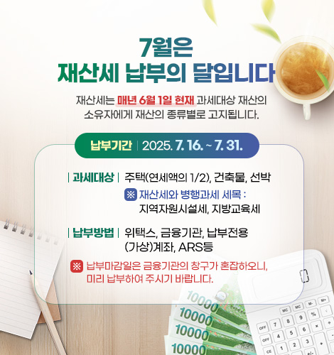 7월은 재산세 납부의 달입니다.
재산세는  매년 6월 1일 현재
과세대상 재산의 소유자에게 재산의 종류별로 고지됩니다.

납부기간 : 2025. 7. 16. ~ 7. 31.
과세대상 : 주택(연세액의 1/2), 건축물, 선박
                   ※ 재산세와 병행과세 세목 : 지역자원시설세, 지방교육세
납부방법 : 위택스, 금융기관, 납부전용(가상)계좌, ARS등 
※ 납부마감일은 금융기관의 창구가 혼잡하오니, 미리 납부하여 주시기 바랍니다.