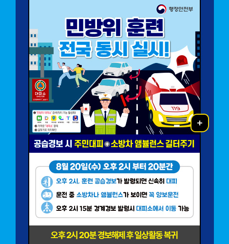행정안전부
민방위 훈련 전국 동시 실시!
1 '민방위 대피소' 검색(위치 기능 활성화)
네이버 다음 카카오맵 네이버지도 티맵 안전디딤돌
2 가까운 '대피소' 클릭
3 길찾기로 위치 확인

공습경보 시 주민대피 + 소방차 앰뷸런스 길터주기

8월 20일(수) 오후 2시부터 20분간

오후 2시, 훈련 공습경보가 발령되면 신속히 대피
운전 중 소방차나 앰뷸런스가 보이면 꼭 양보운전
오후 2시 15분 경계경보 발령시 대피소에서 이동 가능

오후 2시 20분 경보해제 후 일상활동 복귀