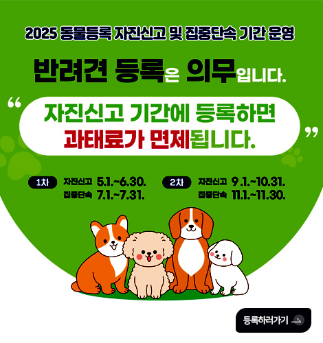 2025 동물등록 자진신고 및 집중단속 기간 운영 2025 동물등록 자진신고 및 집중단속 기간 운영
반려견 등록은 의무입니다.
