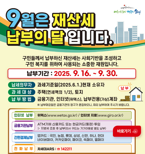 9월은 재산세 납부의 달 입니다. 9월은 재산세 납부의 달 입니다.
구민들께서 납부하신 재산세는 사회기반을 조성하고 구민 복지를 위하여 사용되는 소중한 재원입니다.
납부기간 : 2025.9.16. ~ 9.30.
납세의무자 과세 기준일(2025.6.1.)현재소유자
과세대상 주택(연세액의 1/2),토지
납부방법 금융기관,인터넷(위택스),납부전용(가상)계좌
※납부마감일은 금융기관의 창구가 혼잡하오니, 미리 납부하여 주시기 바랍니다.
납부

인터넷 납부 위택스(www.wetax.go.kr) / 인터넷 지로(www.giro.or.kr)
금융기관납부 ATM기에 신용카드 또는 현금카드(통장) 투입
▷ 지방세 조회 후 납부(타사 카드는 기기이용료 별도 납부)

간편결제납부 앱카드:국민,농협,롯데,삼성,신한,하나,현대,네이버페이,카카오페이,페이코,쓱페이,엘페이

전화납부 차세대ARS: 142211