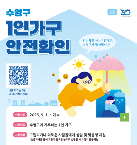수영구 1인가구 안전확인 링크온 수영구 1인가구 안전확인
안심하고 사는 1인가구, 수영구가 함께합니다
QR링크(https://www.suyeong.go.kr/index.suyeong?menuCd=DOM_000000102001027000)
나를 지키는 5분, QR로 시작하세요.

더보기+

신청기간 2025.9.1. ~ 계속
지원대상 수영구에 거주하는 1인 가구
지원내용 고립되거나 외로운 사람들에게 상담 및 맞춤형 지원
* 설문조사를 통해 도움이 필요한 분으로 선정될 시 소정의 물품지원
