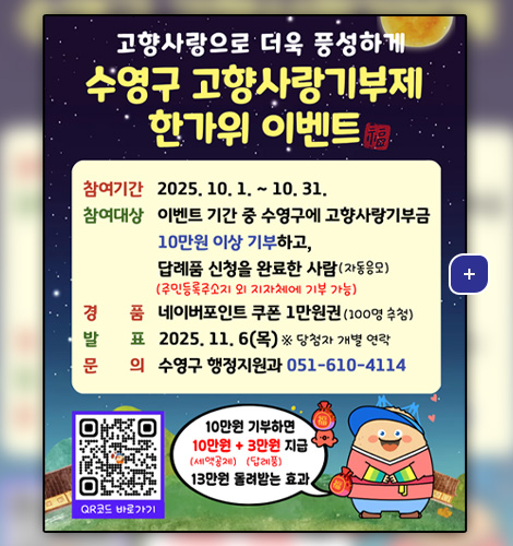 고향사랑으로 더욱 풍부하게
고향사랑기부제 한가위 이벤트

참여기간 : 2025.10.1 ~ 10.31.
참여대상 : 이벤트 기간 중 수영구에 고향사랑기부금 10만원 이상 기부하고, 답례품 신청을 완료한 사람(자동응모) (주민등록주소지 외 지자체에 기부 가능)

경품 : 네이버포인트 쿠폰 1만원권 (100명 추첨)
발표 : 2025.11.6(목) ※당첨자 개별 연락
문의 : 수영구 행정지원과 051-610-4114

10만원 기부하면 10만원(세액공제) + 3만원(답례품) 지급 13만원 돌려받는 효과
QR코드 바로가기 (https://m.site.naver.com/1bZ1g)
더보기+