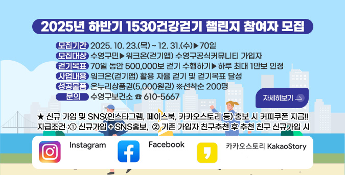 2025년 하반기 1530건강걷기 챌린지 참여자 모집

모집기간 2025. 10. 23.(목) ~ 12. 31.(수)▶70일
모집대상 수영구민▶워크온(걷기앱) 수영구공식커뮤니티 가입자 
걷기목표 70일 동안 500,000보 걷기 수행하기▶하루 최대 1만보 인정
사업내용 워크온(걷기앱) 활용 자율 걷기 및 걷기목표 달성
성공물품 온누리상품권(5,000원권) ※선착순 200명
문의 수영구보건소 ☎ 610-5667

★ 신규 가입 및 SNS(인스타그램, 페이스북, 카카오스토리 등)홍보 시 커피쿠폰 지급!!
지급조건 : 
① 신규가입 + SNS홍보
② 기존 가입자 친구추천 후 추천 친구 신규가입 시
Instagram Facebook 카카오스토리 KakaoStory

자세히보기>