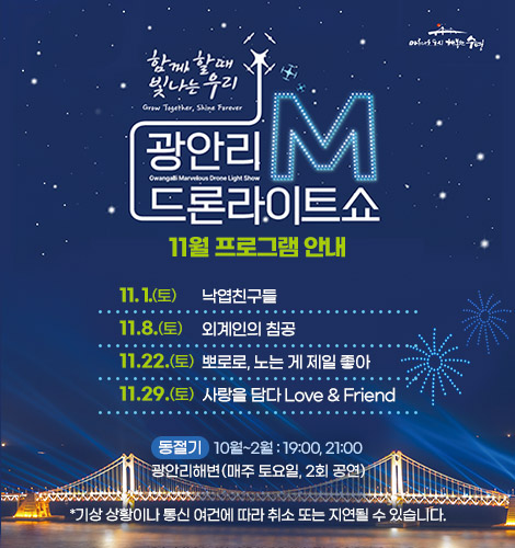 광안리M드론라이트쇼 11월 프로그램 안내 함께 할때 빛나는 우리
광안리M드론라이트쇼 11월 프로그램 안내
11. 1.(토) 낙엽친구들
11. 8.(토) 외계인의 침공
11. 22.(토) 뽀로로, 노는 게 제일 좋아
11. 29.(토) 사랑을 담다 Love&Friend
동절기 10월~2월 : 19:00, 21:00
광안리해변(매주 토요일, 2회 공연)
*기상 상황이나 통신 여건에 따라 취소 또는 지연될 수 있습니다.
