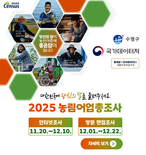 2025 Census

수영구
국가데이터처
통계청이 국가데이터처로 새롭게 찾아갑니다!

당신의 답이 농산어촌에 좋은답이 됩니다

대한민국에 당신의 답을 들려주세요
2025 농림어업총조사

인터넷조사
11.20. ~ 12.10.

방문 면접조사
12.01. ~ 12.22.

자세히 보기 >