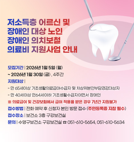 저소득층 어르신 및
장애인 대상 노인
장애인 의치보철
의료비 지원사업 안내

모집기간 | 2026년 1월 5일 (월) ~ 2026년 1월 30일 (금) , 4주간
지원대상 |
- 만 65세이상 기초생활의료급여수급자 및 차상위본인부담경감대상자
- 만 40세이상 만64세이하 기초생활수급자이면서 장애인
※ 의료급여 및 건강보험에서 급여 적용을 받은 경우 7년간 지원불가
접수방법 | 전화 예약 후 신청자 본인 방문 접수 (주민등록증 지참 필수)
접수장소 | 보건소 3층 구강보건실
문의 | 수영구보건소 구강보건실 ☎ 051-610-5654, 051-610-5634