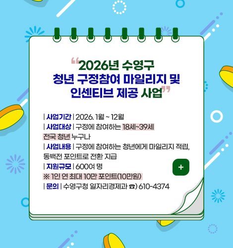 2026년 수영구
청년 구정참여 마일리지 및
인센티브 제공 사업
| 사업기간 | 2026. 1월 ~ 12월
| 사업대상 | 구정에 참여하는 18세~39세
전국 청년 누구나
| 사업내용 | 구정에 참여하는 청년에게 마일리지 적립,
동백전 포인트로 전환 지급
| 지원규모 | 600여 명
※ 1인 연 최대 10만 포인트(10만원)
| 문의 | 수영구청 일자리경제과 ☎) 610-4374
더보기 +