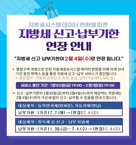 지방세시스템 데이터 변환에 따른
지방세 신고·납부기한 연장 안내

“지방세 신고·납부기한이 2월 4일(수)로 연장 됩니다.”

행정구역 개편으로 인한 지방세정보시스템 데이터 변환을 위해 아래 안내 기간 동안 위택스 등을 통한 지방세 신고·납부 서비스가 중단됩니다.
※ 중단업무 : 지방세 전자신고, 조회, 발급, 납부(가상계좌, ARS 등)
서비스 중단 기간 : 1월30일(금) 19:00 ~ 2월 일(일) 19:00

신고·납부기한이 1월30일(금)부터 2월4일(수)까지 해당하는 지방세는 2월 4일(수)까지 가산세 없이 신고·납부할 수 있음을 안내 드립니다.

대상세목 : 등록면허세(면허분), 자동차세(연납)
납부기한 :  (기존) 2. 2.(월) → (연장) 2. 4.(수)

대상세목 : 취득세 등 신고·납부 지방세
납부기한 :  (기존) 1. 30.(금) ~ 2. 4.(수) → (연장) 2. 4.(수)